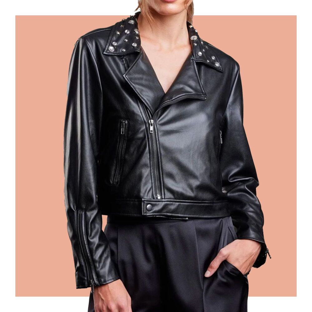 Sundays Kezia Vegan Leather Rhinestone Studded Collar Zip Up Moto Jacket Size S